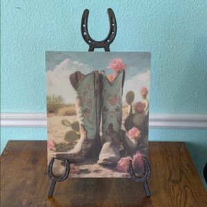 Cowgirl boot and cactus picture with horseshoe easel.